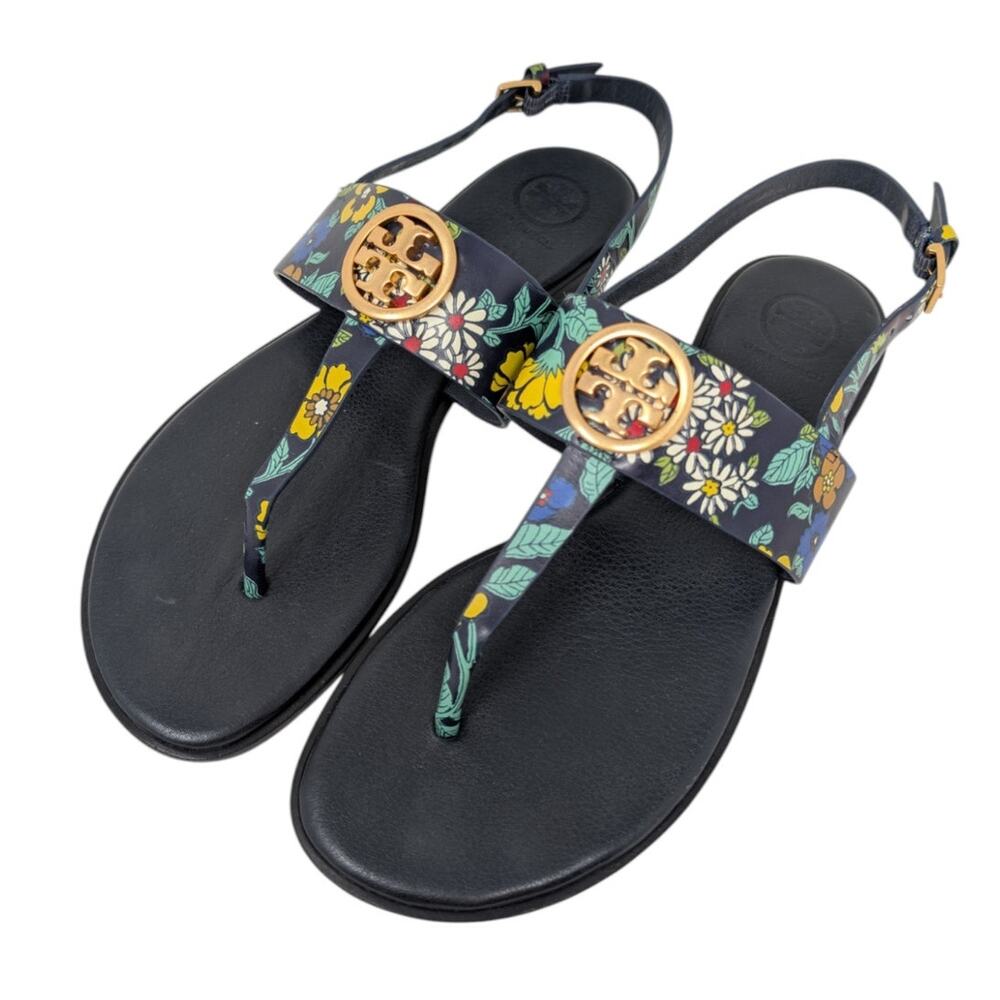 Tory Burch Miller Floral Sandals Navy Gold Logo Leather 8